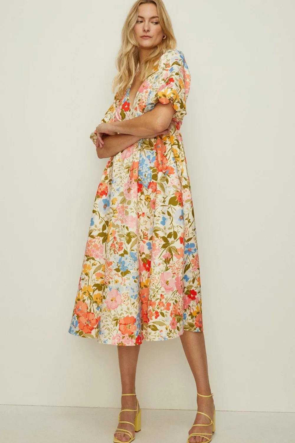 Clearance Oasis Floral Scuba Puff Sleeve Midi Dress Ivory