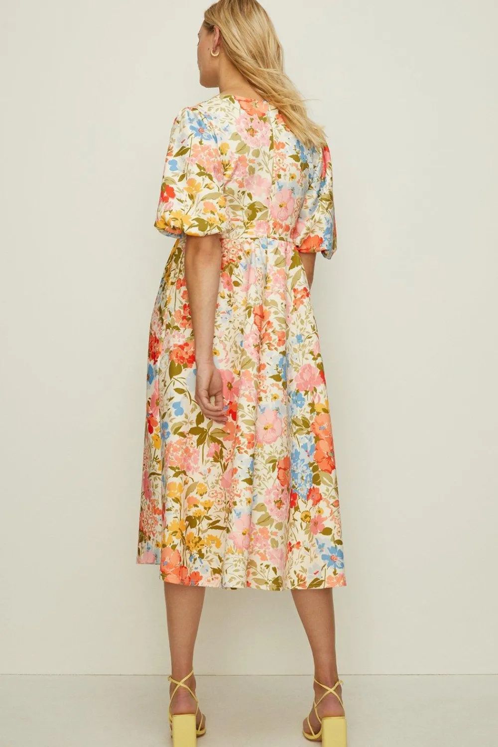 Clearance Oasis Floral Scuba Puff Sleeve Midi Dress Ivory