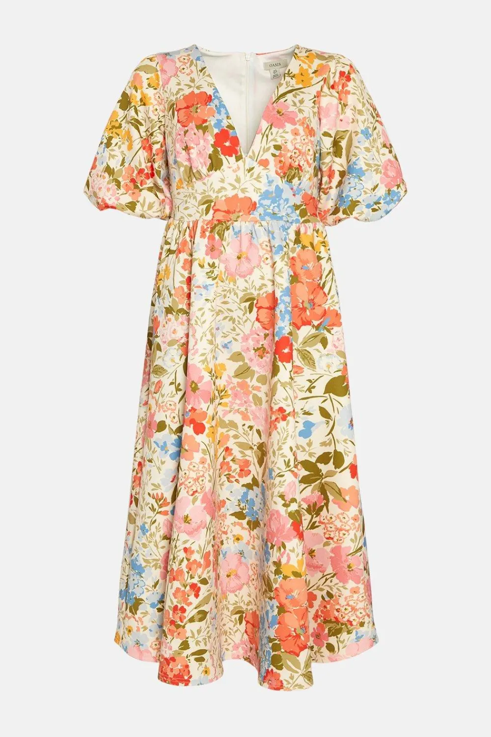 Clearance Oasis Floral Scuba Puff Sleeve Midi Dress Ivory