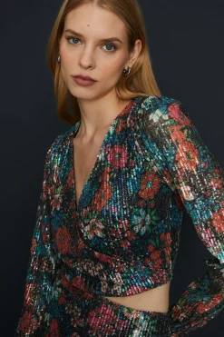 New Oasis Floral Sequin Puff Sleeve Co Ord Top Multi