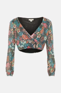 New Oasis Floral Sequin Puff Sleeve Co Ord Top Multi