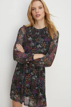 Outlet Oasis Floral Shirred Neck Mesh Skater Mini Dress Black