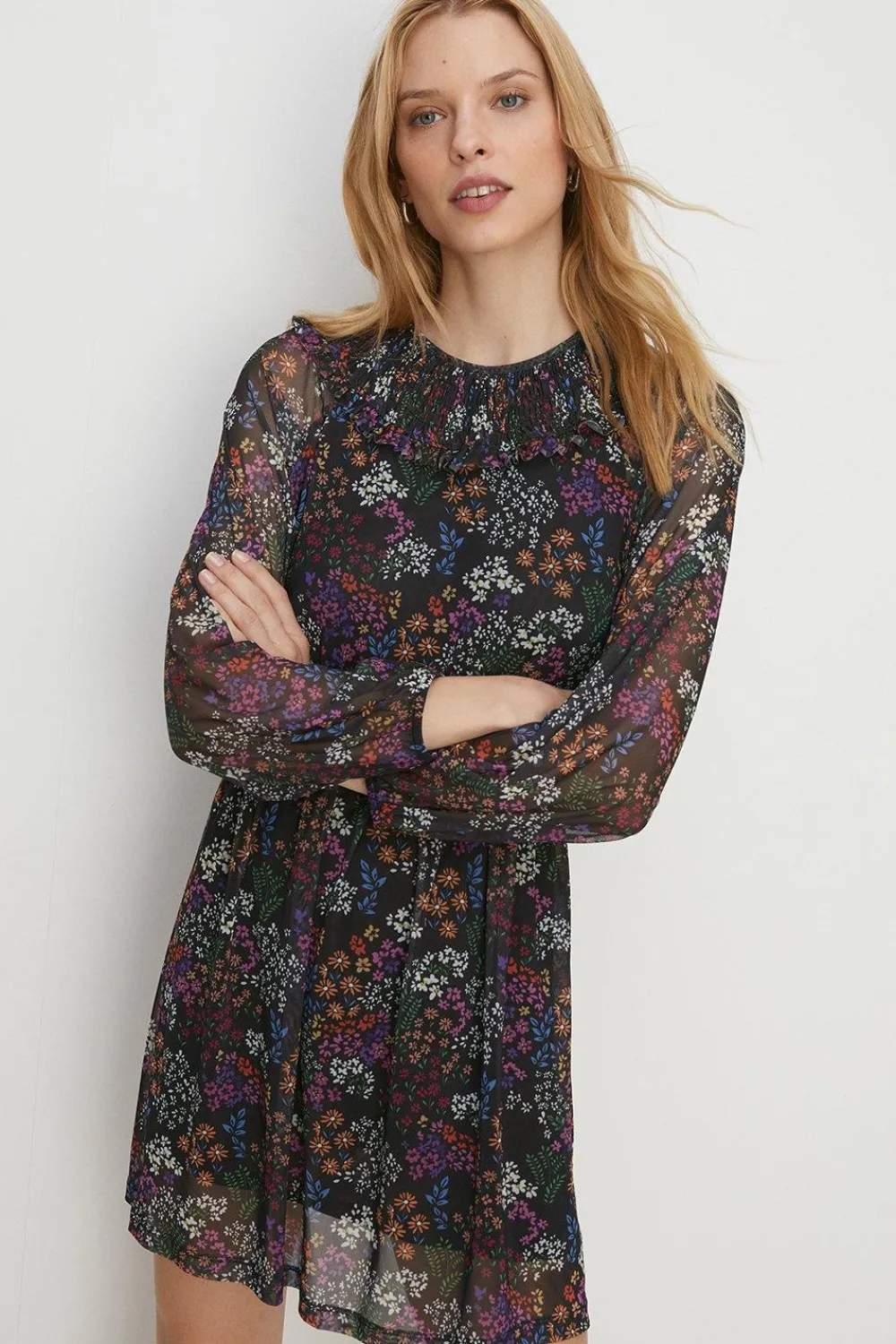 Outlet Oasis Floral Shirred Neck Mesh Skater Mini Dress Black