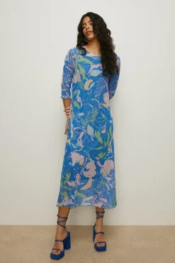 Discount Oasis Floral Shirred Neck Mesh Midi Dress Blue