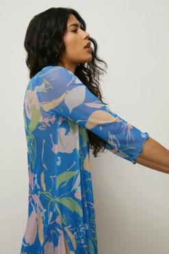 Discount Oasis Floral Shirred Neck Mesh Midi Dress Blue