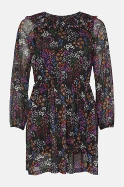Outlet Oasis Floral Shirred Neck Mesh Skater Mini Dress Black