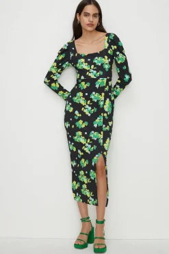 Outlet Oasis Floral Slinky Jersey Neck Tie Midi Dress Black
