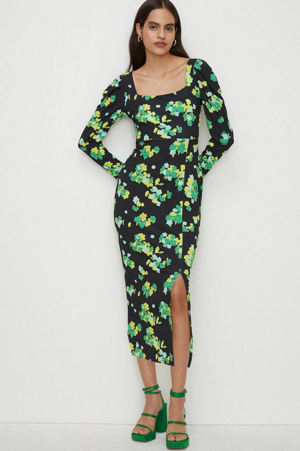 Outlet Oasis Floral Slinky Jersey Neck Tie Midi Dress Black