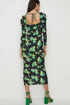 Outlet Oasis Floral Slinky Jersey Neck Tie Midi Dress Black