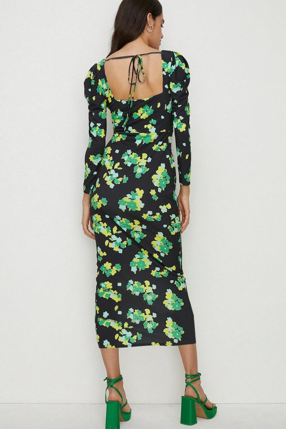 Outlet Oasis Floral Slinky Jersey Neck Tie Midi Dress Black