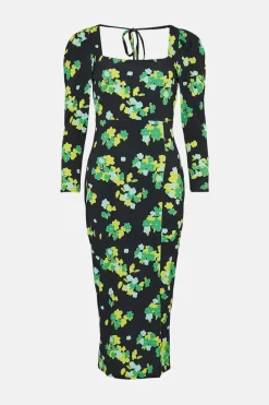 Outlet Oasis Floral Slinky Jersey Neck Tie Midi Dress Black