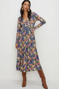 Sale Oasis Floral Slinky Mock Wrap Pleated Midi Dress Black