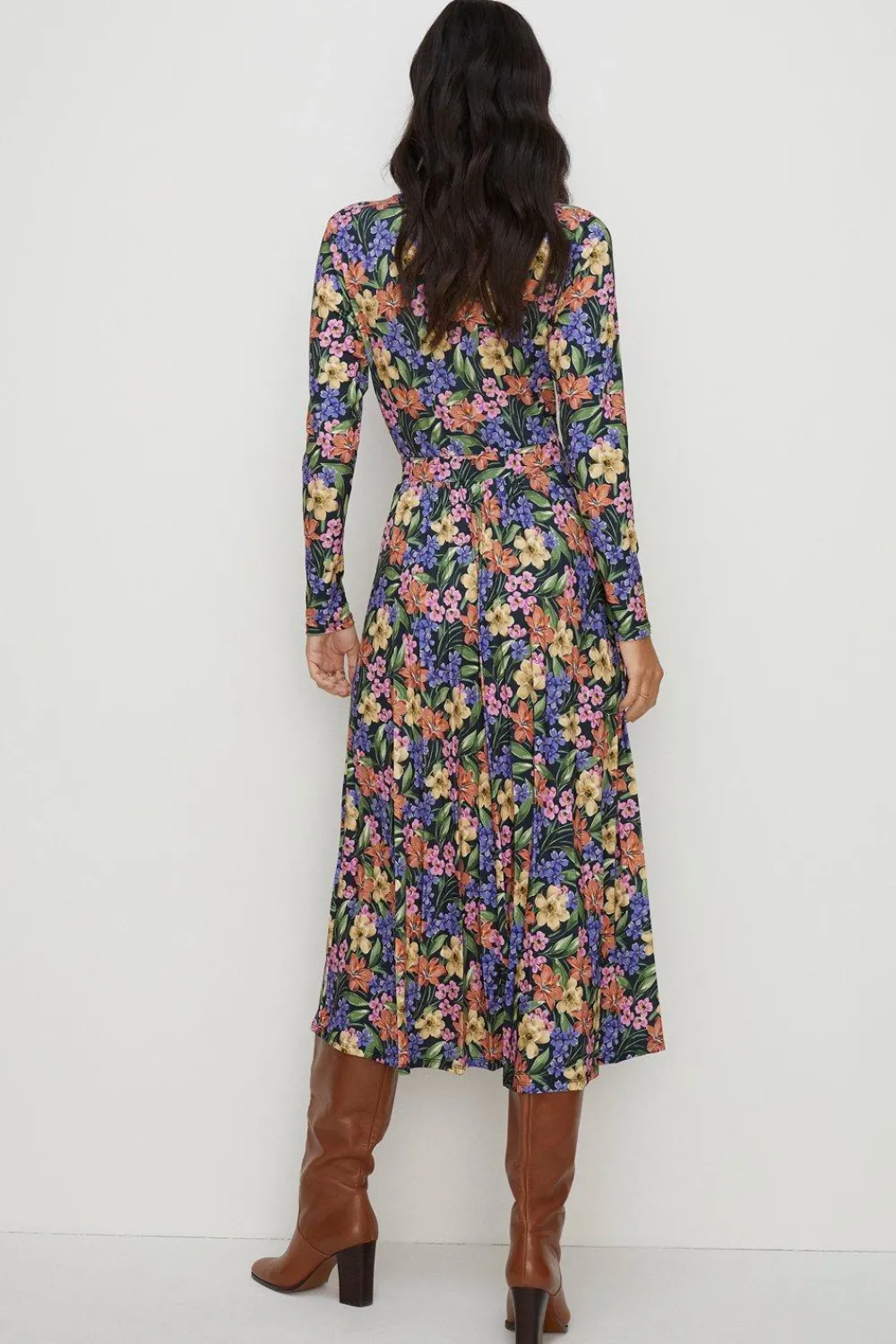 Sale Oasis Floral Slinky Mock Wrap Pleated Midi Dress Black