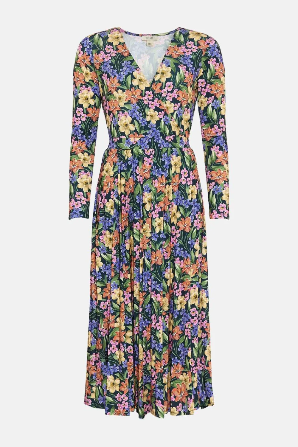 Sale Oasis Floral Slinky Mock Wrap Pleated Midi Dress Black
