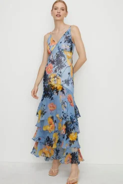 Fashion Oasis Floral Strappy Bias Ruffle Midi Dress Blue