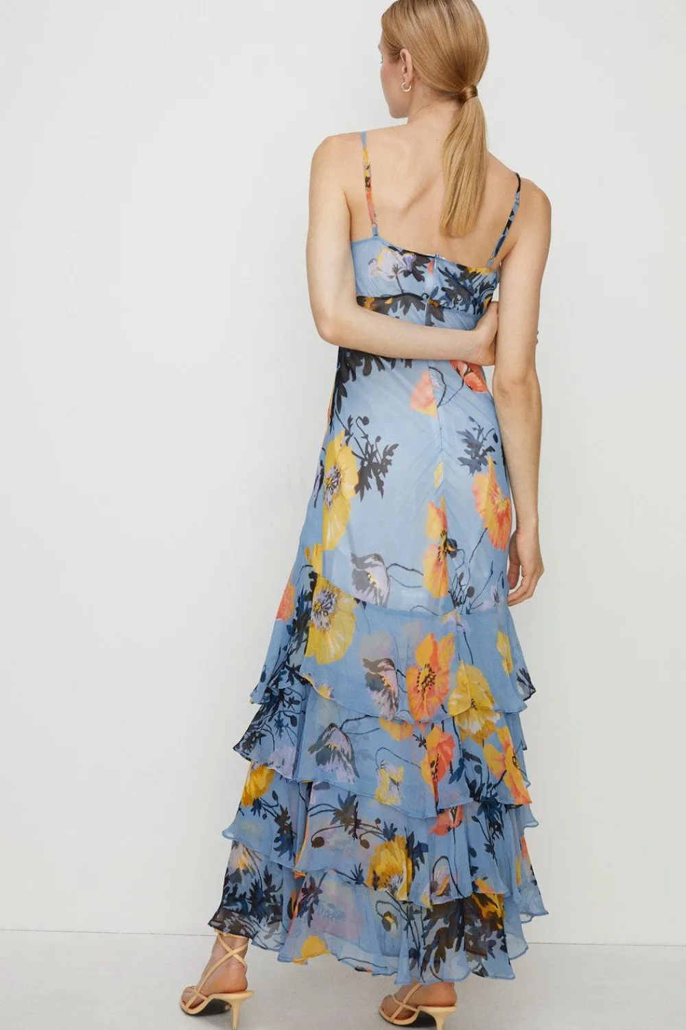 Fashion Oasis Floral Strappy Bias Ruffle Midi Dress Blue