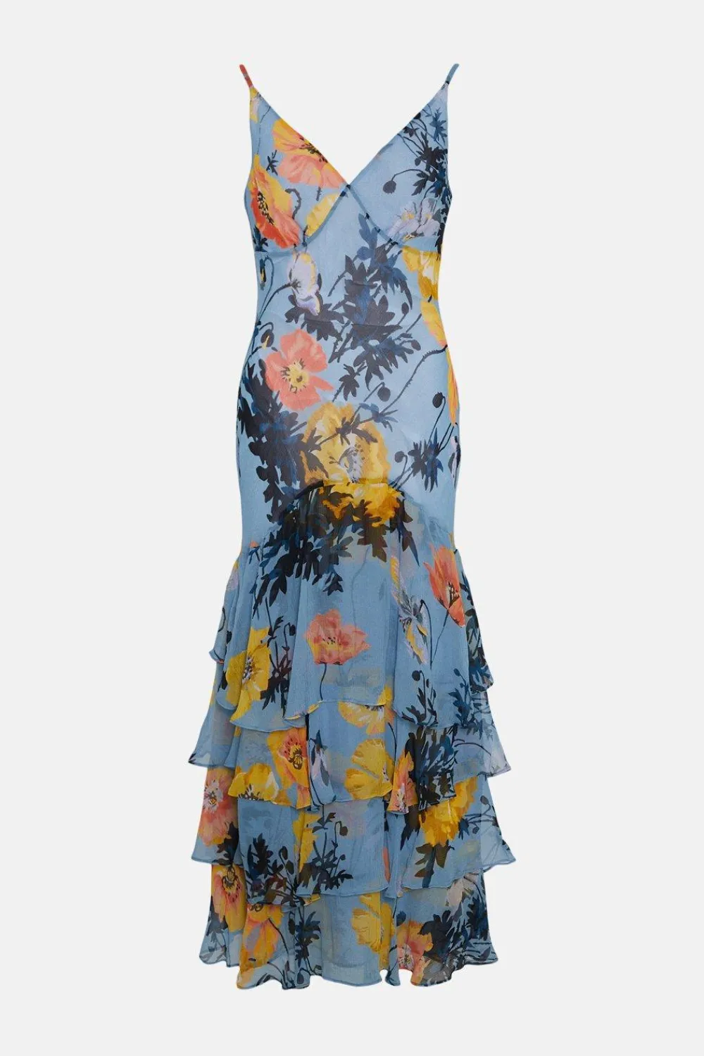 Fashion Oasis Floral Strappy Bias Ruffle Midi Dress Blue