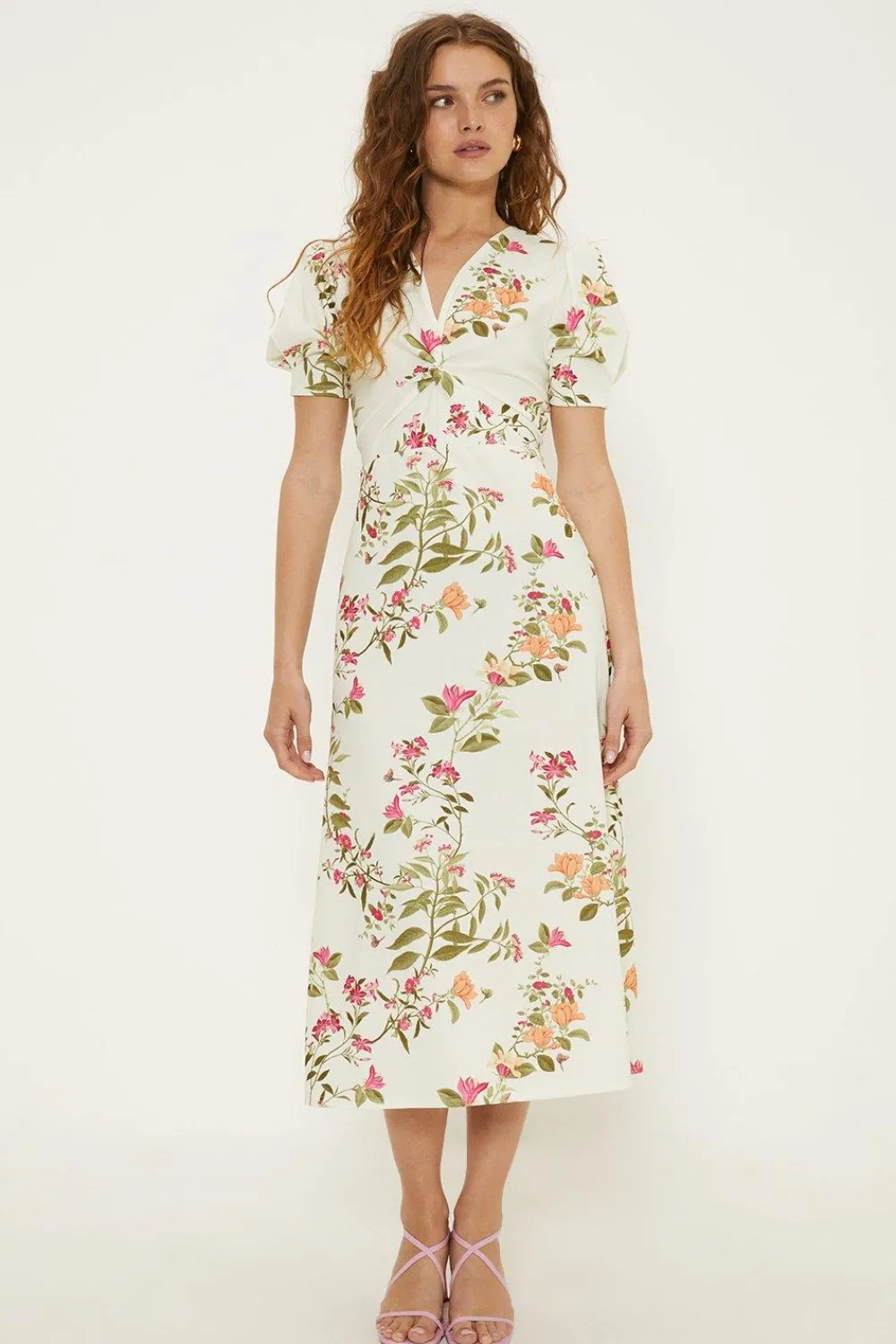Sale Oasis Floral Stretch Crepe Twist Front Midi Dress Ivory