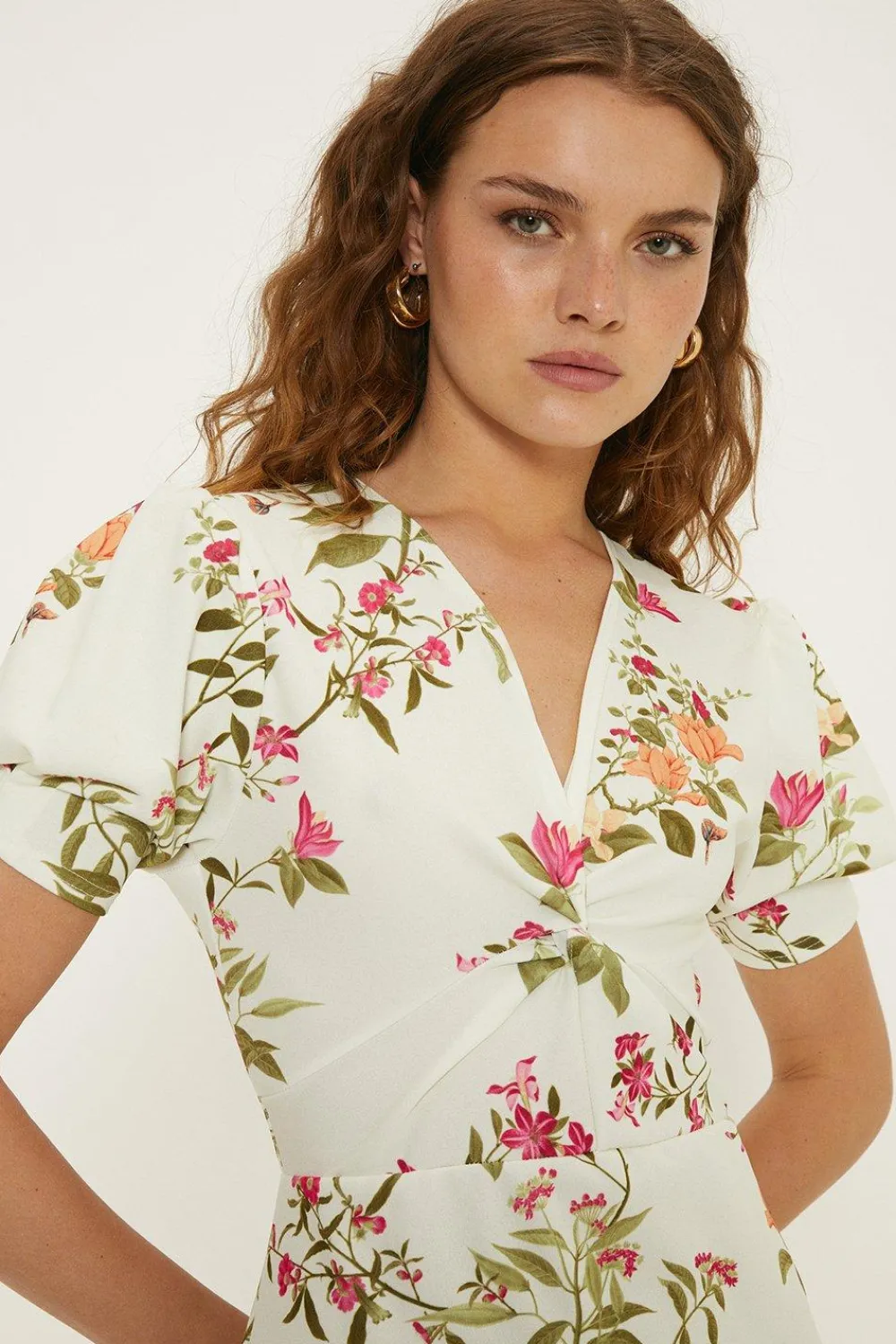 Sale Oasis Floral Stretch Crepe Twist Front Midi Dress Ivory