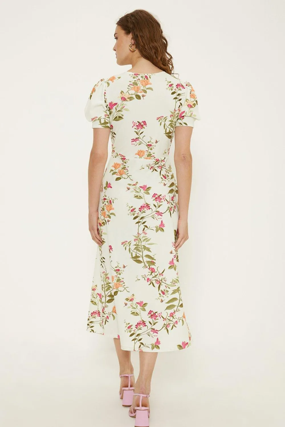 Sale Oasis Floral Stretch Crepe Twist Front Midi Dress Ivory