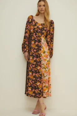 Hot Oasis Floral Stripe Print Square Neck Dress Multi