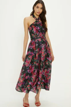 Outlet Oasis Floral Striped Organza Halter Neck Midi Dress Multi
