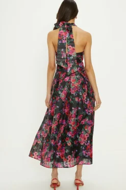 Outlet Oasis Floral Striped Organza Halter Neck Midi Dress Multi