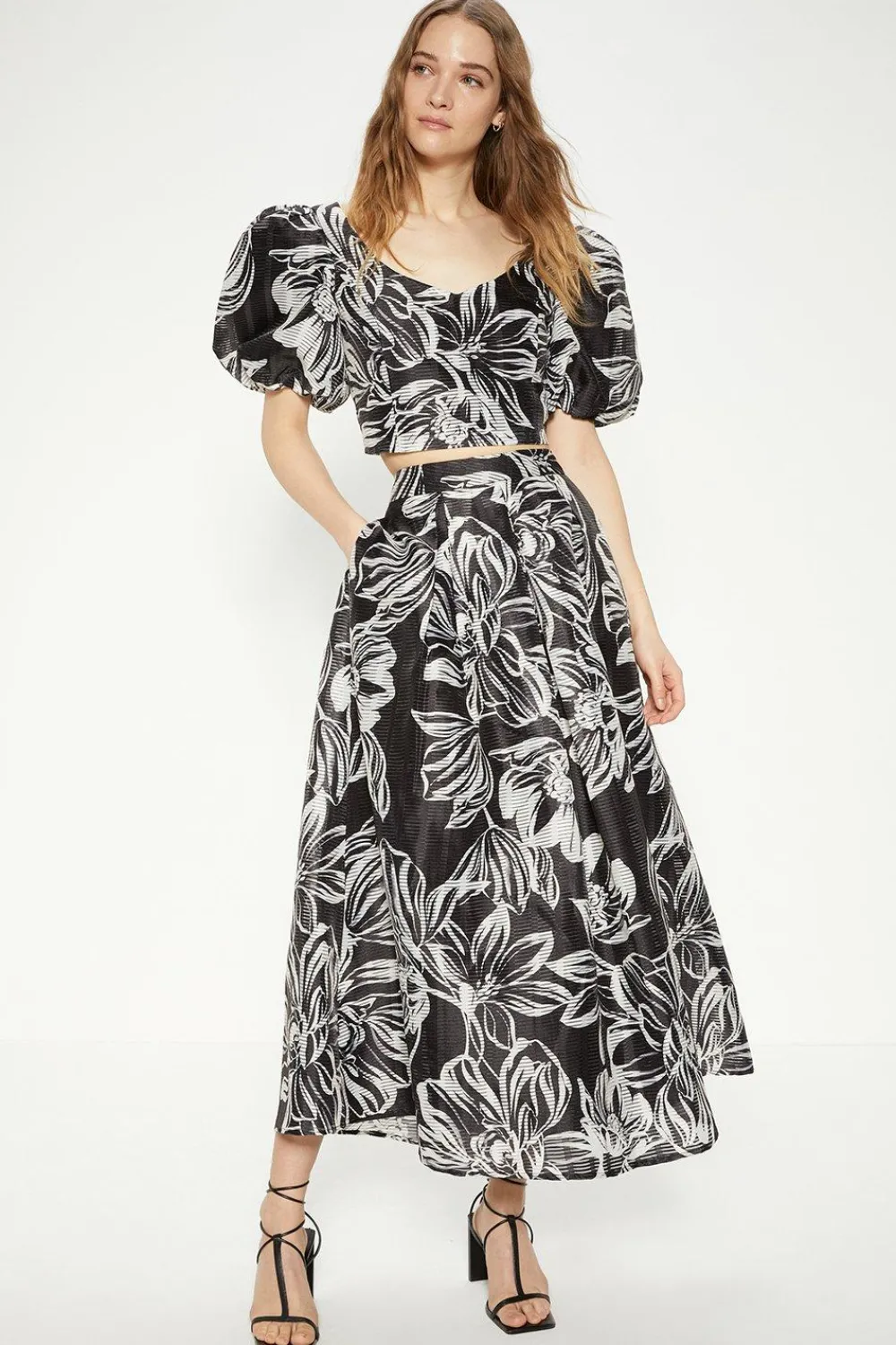 Online Oasis Floral Striped Organza Pleated Midi Skirt Mono