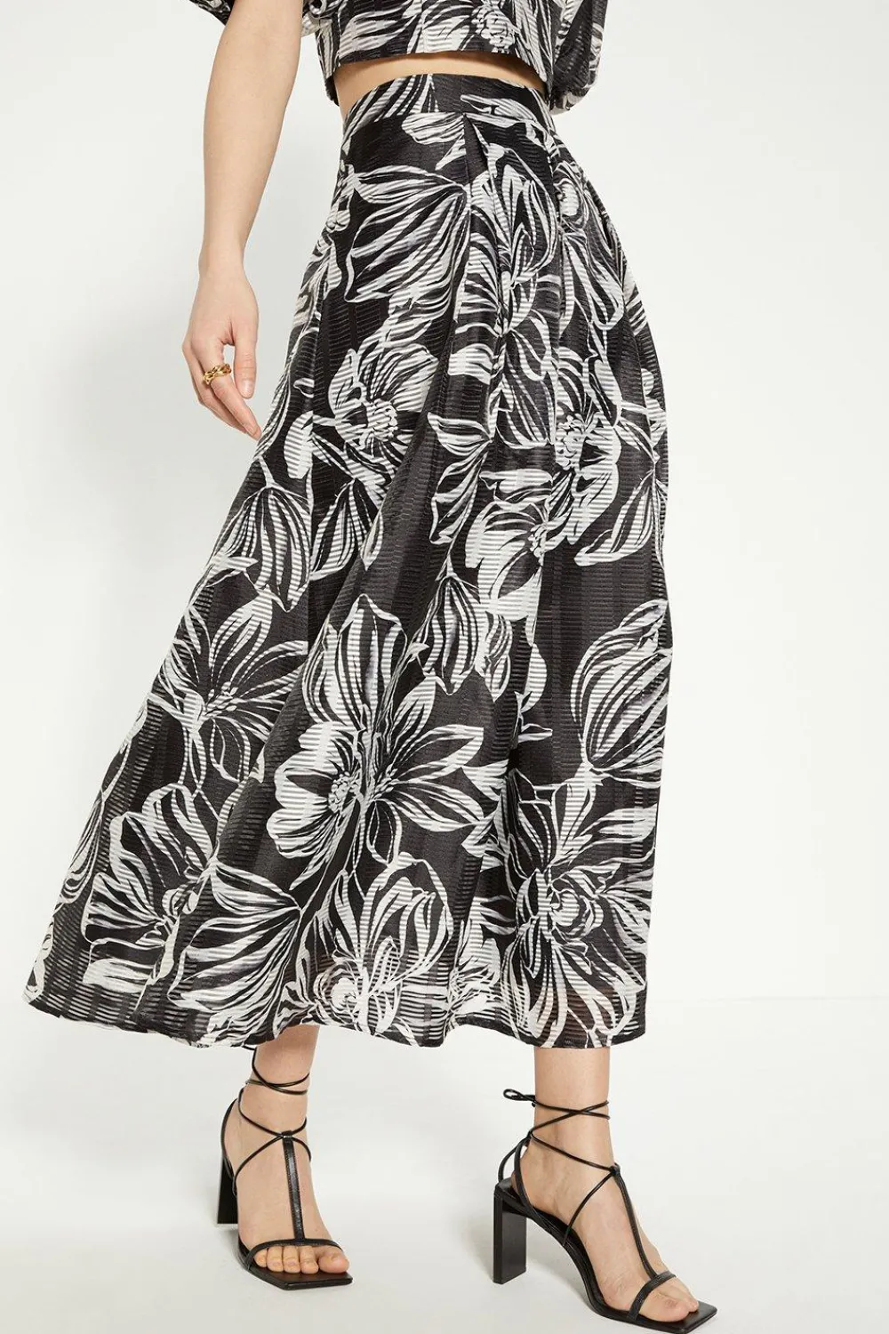 Online Oasis Floral Striped Organza Pleated Midi Skirt Mono