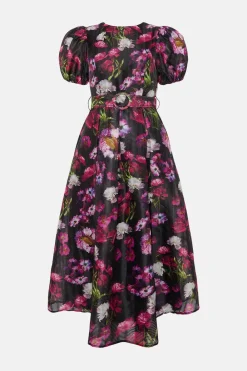 Fashion Oasis Floral Striped Organza Pleated Midi Dress Multi