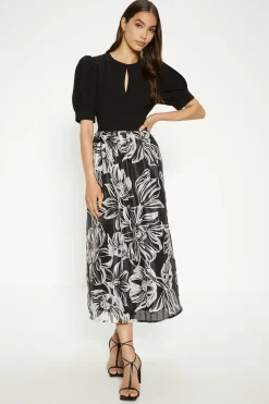 Online Oasis Floral Striped Organza Puff Sleeve Midi Dress Black