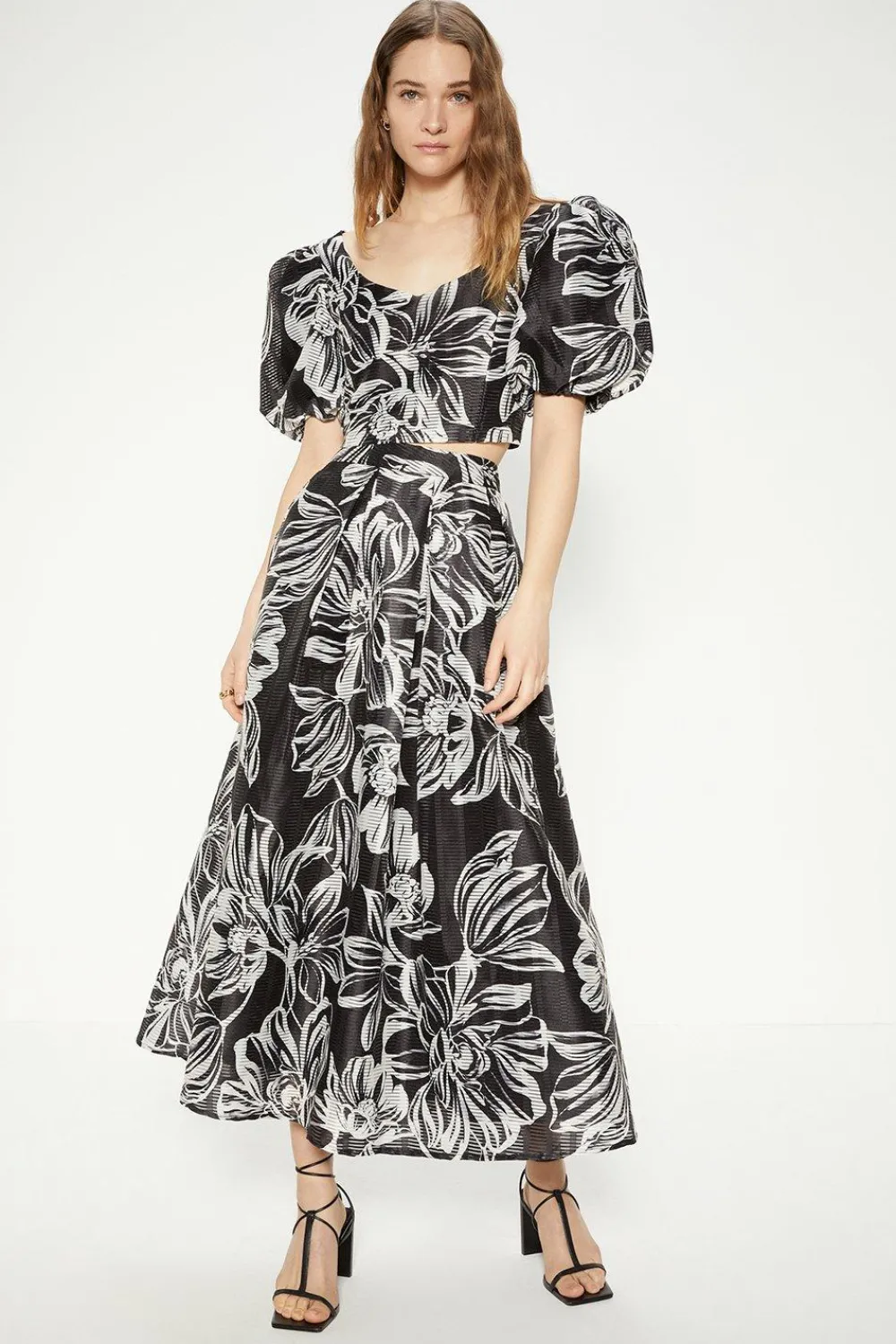 Clearance Oasis Floral Striped Organza Puff Sleeve Crop Top Mono