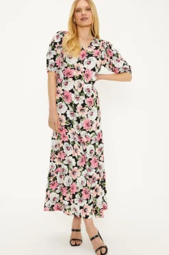 Hot Oasis Floral V Neck Shirred Midi Dress Black