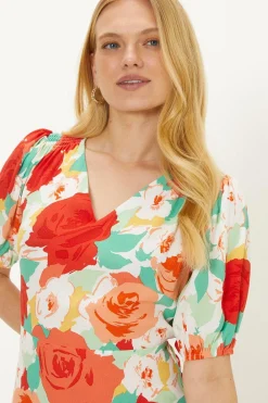 Outlet Oasis Floral V Neck Shirred Midi Dress Multi