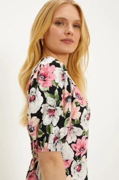 Hot Oasis Floral V Neck Shirred Midi Dress Black