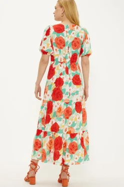 Outlet Oasis Floral V Neck Shirred Midi Dress Multi