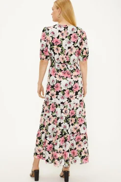 Hot Oasis Floral V Neck Shirred Midi Dress Black