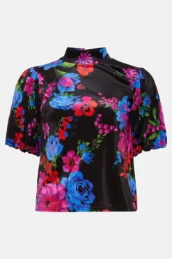 Best Oasis Floral Velvet Puff Sleeve Top Black
