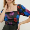 Outlet Oasis Floral Velvet Ruched Puff Sleeve Top Black