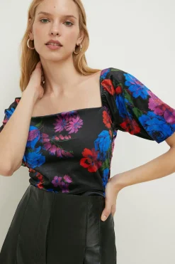 Outlet Oasis Floral Velvet Ruched Puff Sleeve Top Black