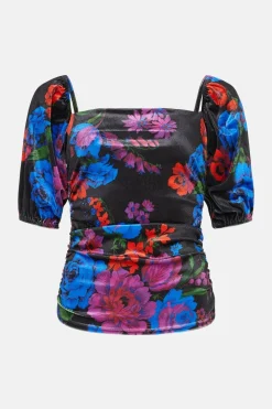 Outlet Oasis Floral Velvet Ruched Puff Sleeve Top Black