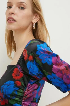 Outlet Oasis Floral Velvet Ruched Puff Sleeve Top Black
