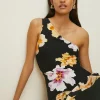 Clearance Oasis Floral Woven Mix One Shoulder Midi Dress Black