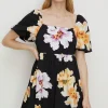 Discount Oasis Floral Woven Mix Puff Sleeve Mini Dress Black
