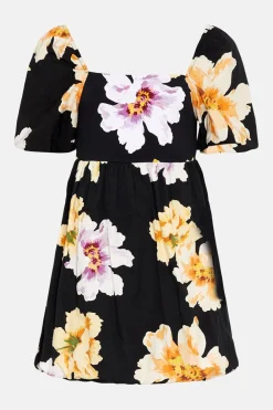 Discount Oasis Floral Woven Mix Puff Sleeve Mini Dress Black