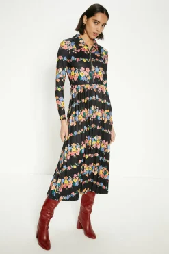 Discount Oasis Floral Zip Front Pleated Slinky Jersey Dress Multi