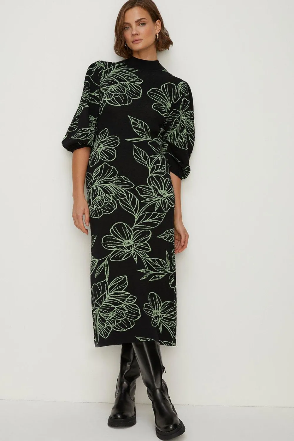 Best Oasis Floraljacquard Ruched Sleeve Midi Dress Black