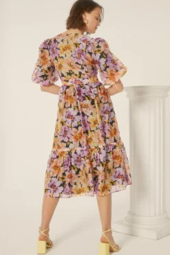 Hot Oasis Floribunda Organza Wrap Midi Dress Black