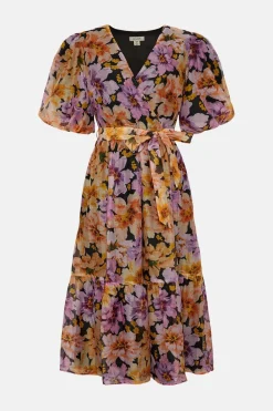 Hot Oasis Floribunda Organza Wrap Midi Dress Black