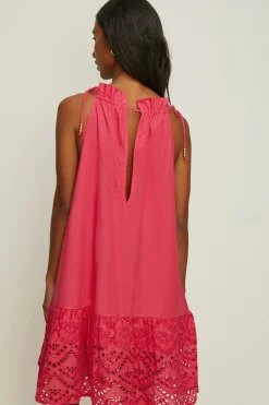 Hot Oasis Flower Broderie Hem Mini Dress Orange